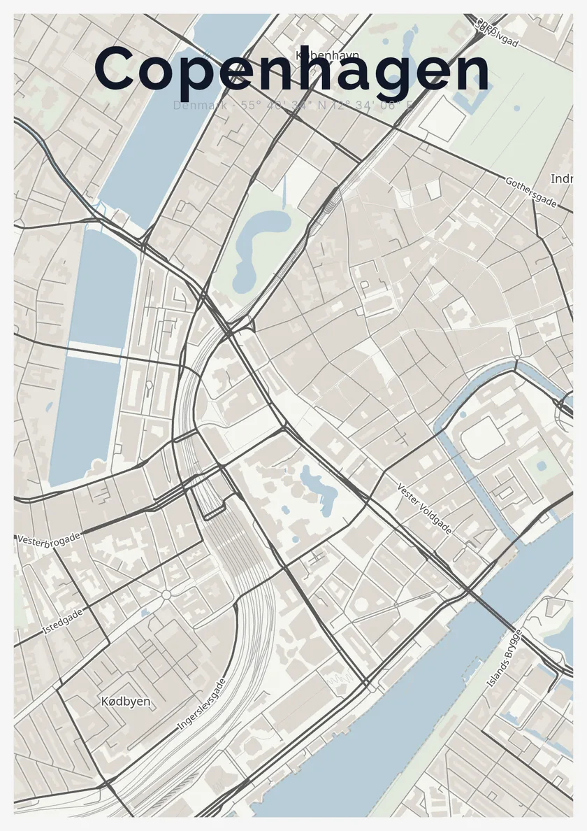 Copenhagen city map poster in the Minimal style