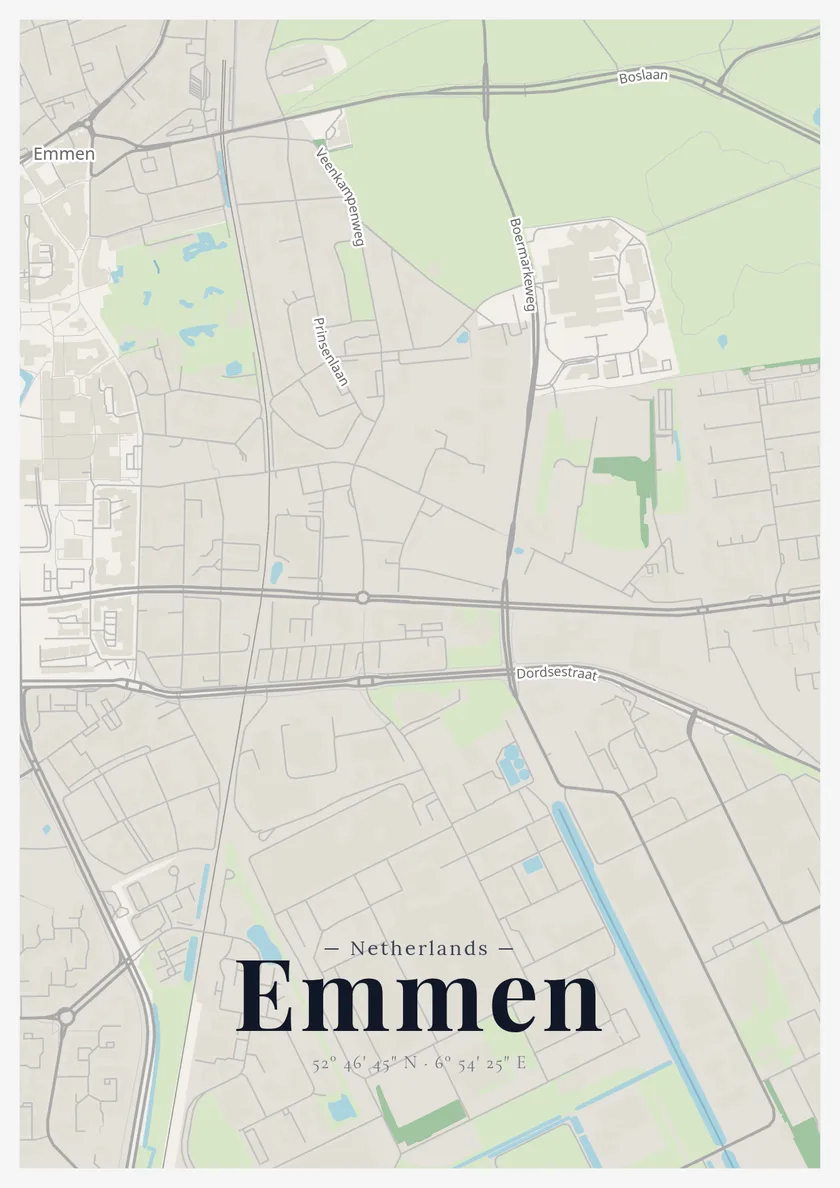 Emmen city map poster in the Positron style