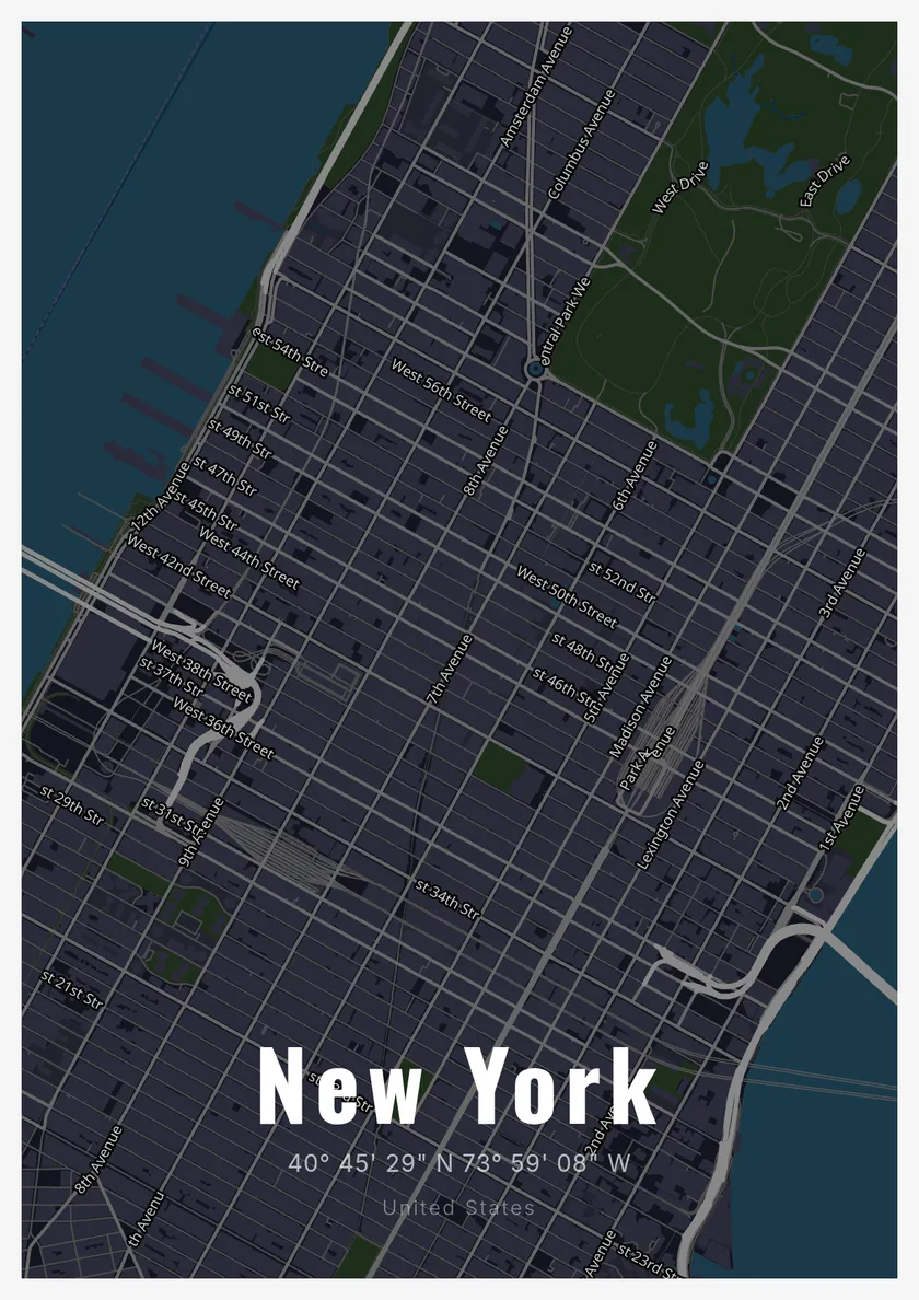 Stadskaart-poster van New York in de stijl Dark