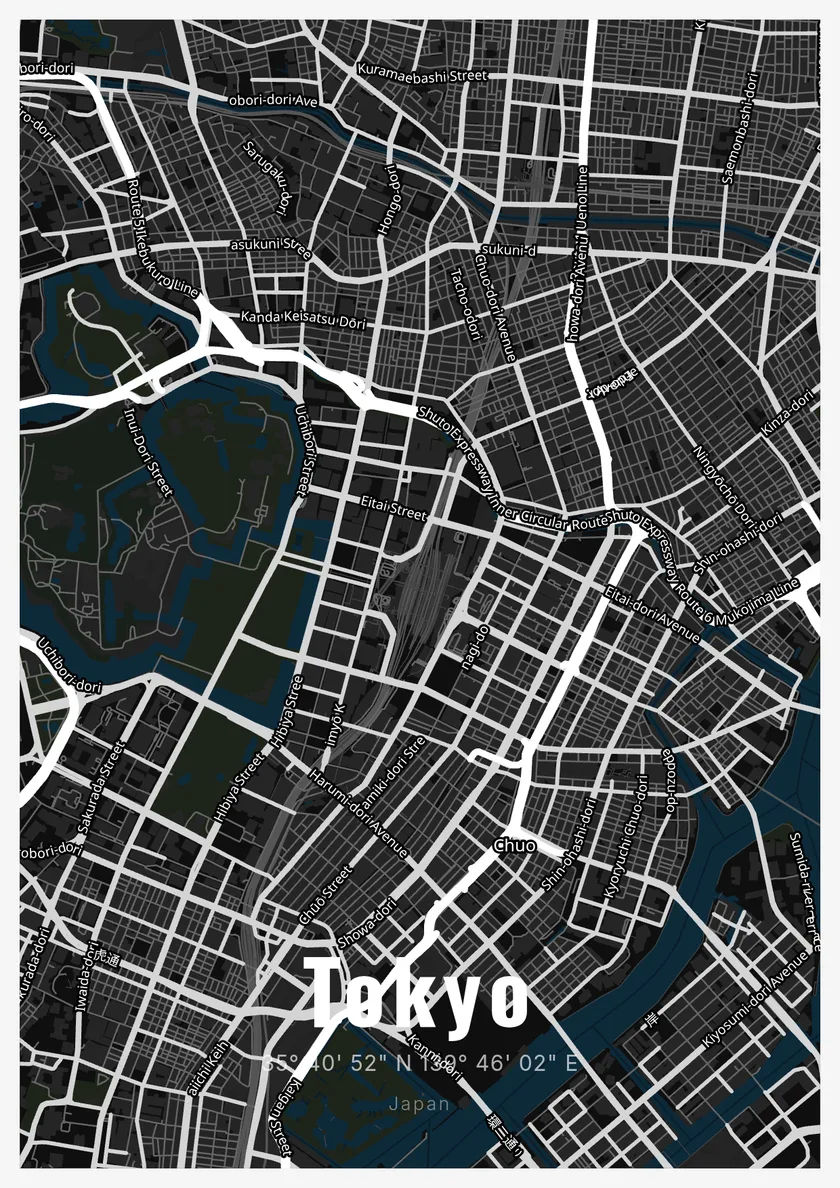Stadskaart-poster van Tokyo in de stijl Bold